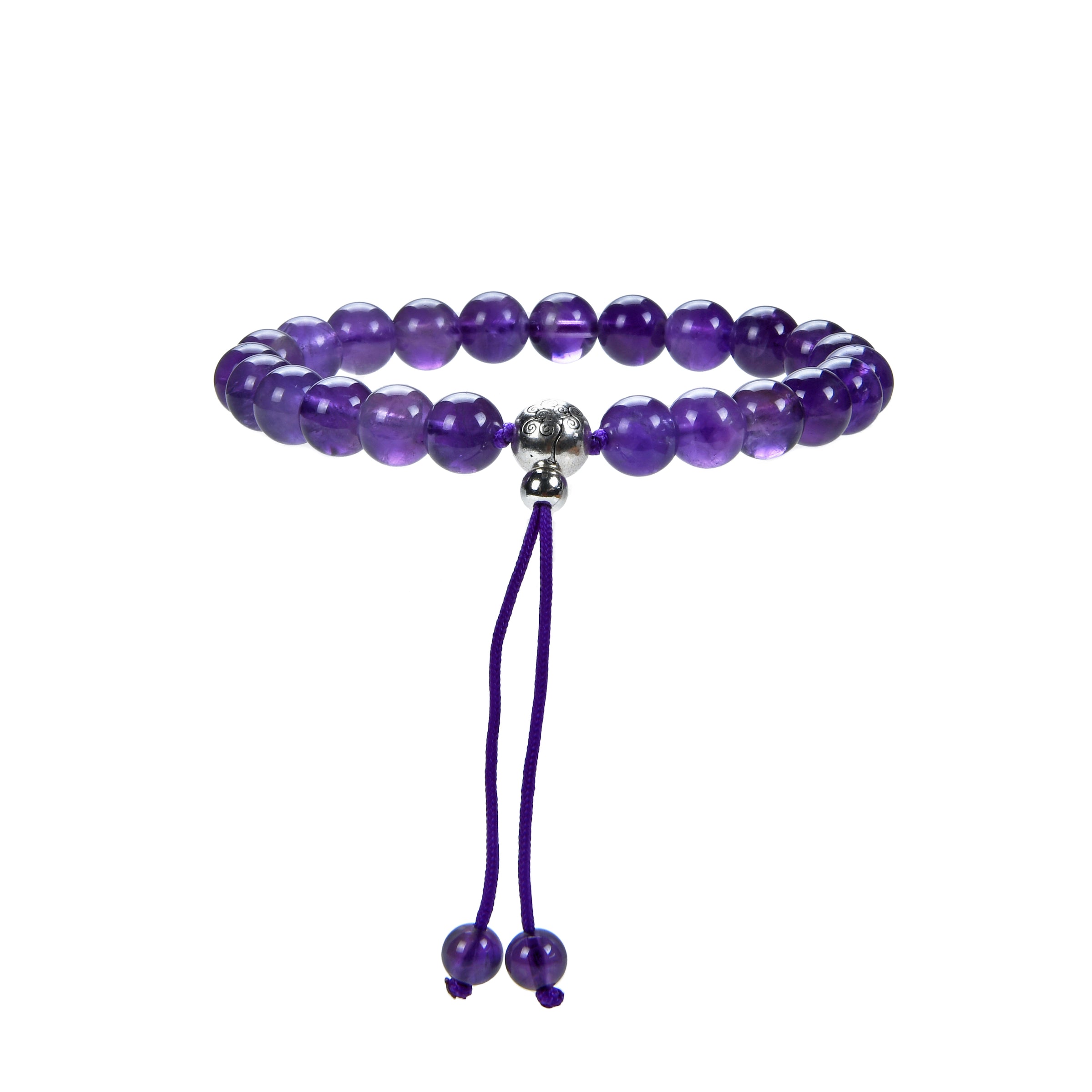 Cherry Tree Collection Mala Bracelet 8mm Beads, Guru Bead, Durable Nylon Cord Adjustable Length (Amethyst