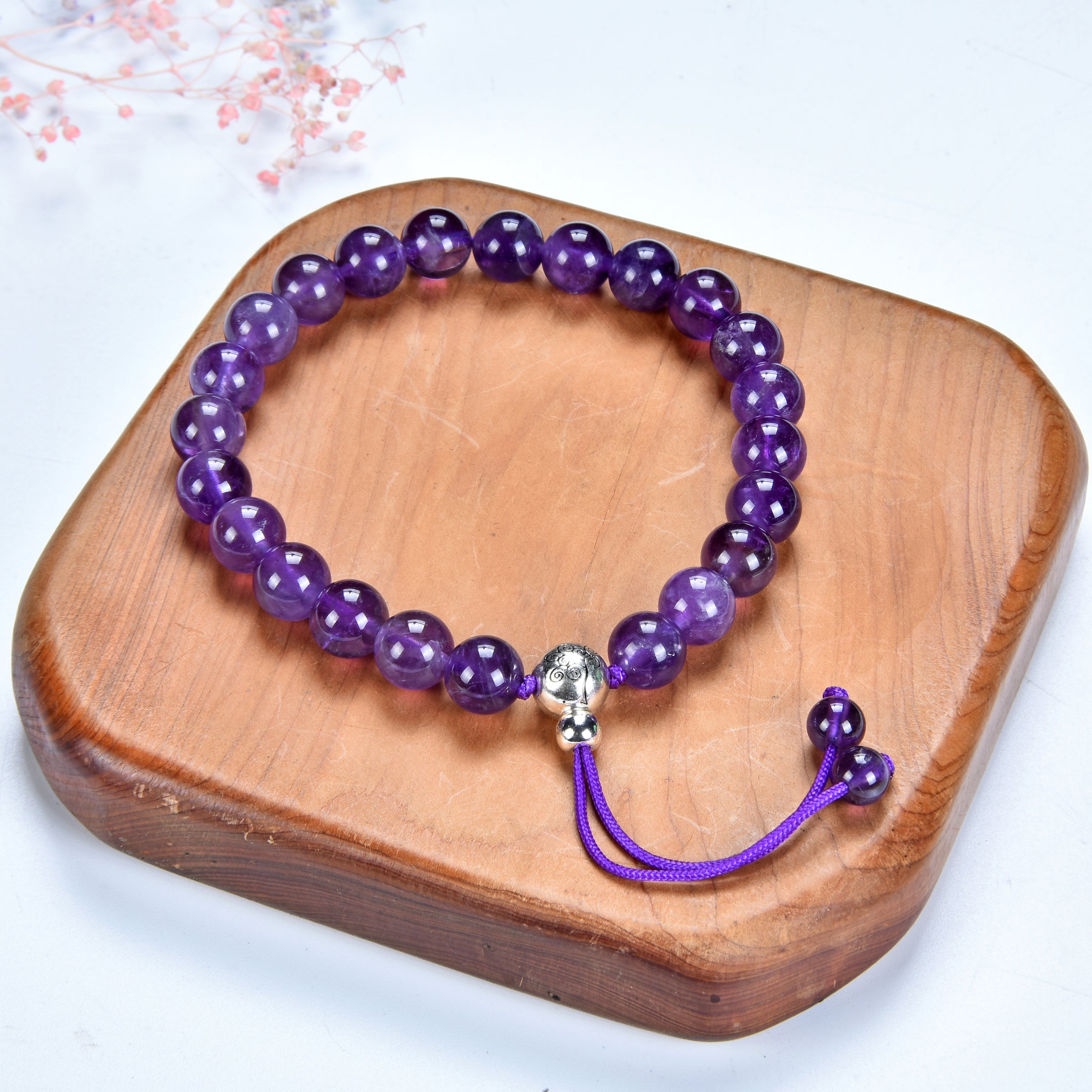 Mala Bracelet | 8mm Beads, Guru Bead, Durable Nylon Cord | Adjustable Length (Amethyst )