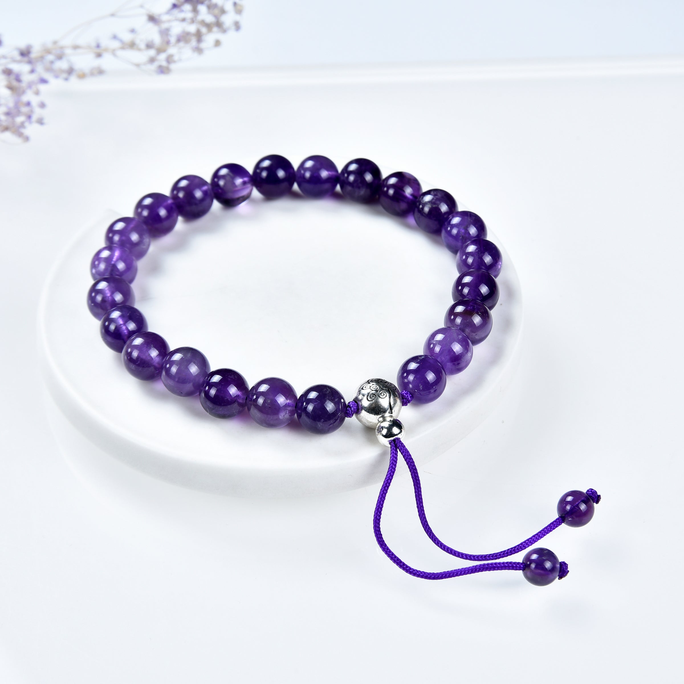 Mala Bracelet | 8mm Beads, Guru Bead, Durable Nylon Cord | Adjustable Length (Amethyst )