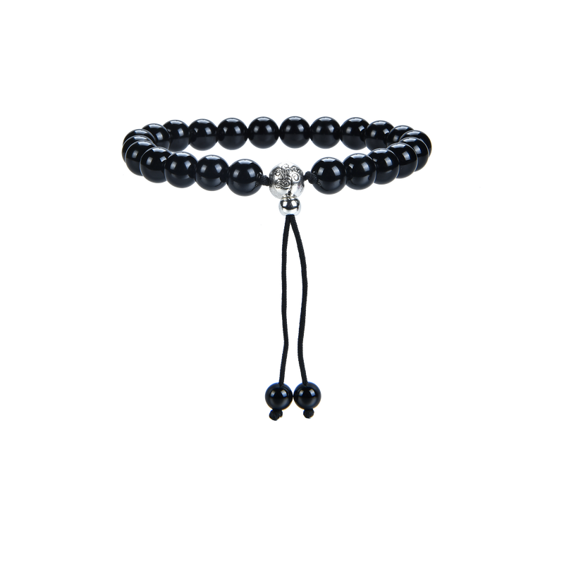 Mala Bracelet | 8mm Beads, Guru Bead, Durable Nylon Cord | Adjustable Length (Black Agate )
