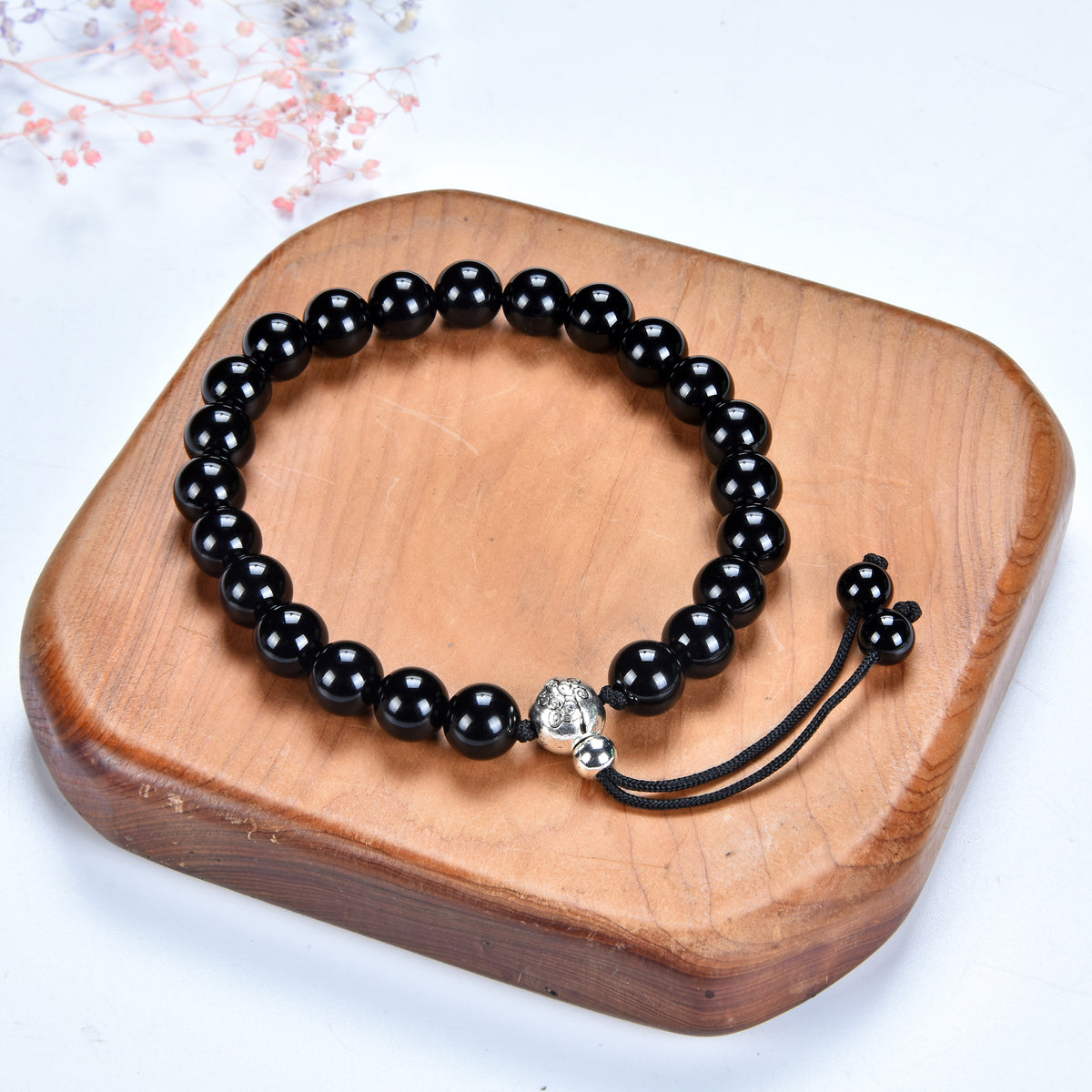 Mala Bracelet | 8mm Beads, Guru Bead, Durable Nylon Cord | Adjustable Length (Black Agate )