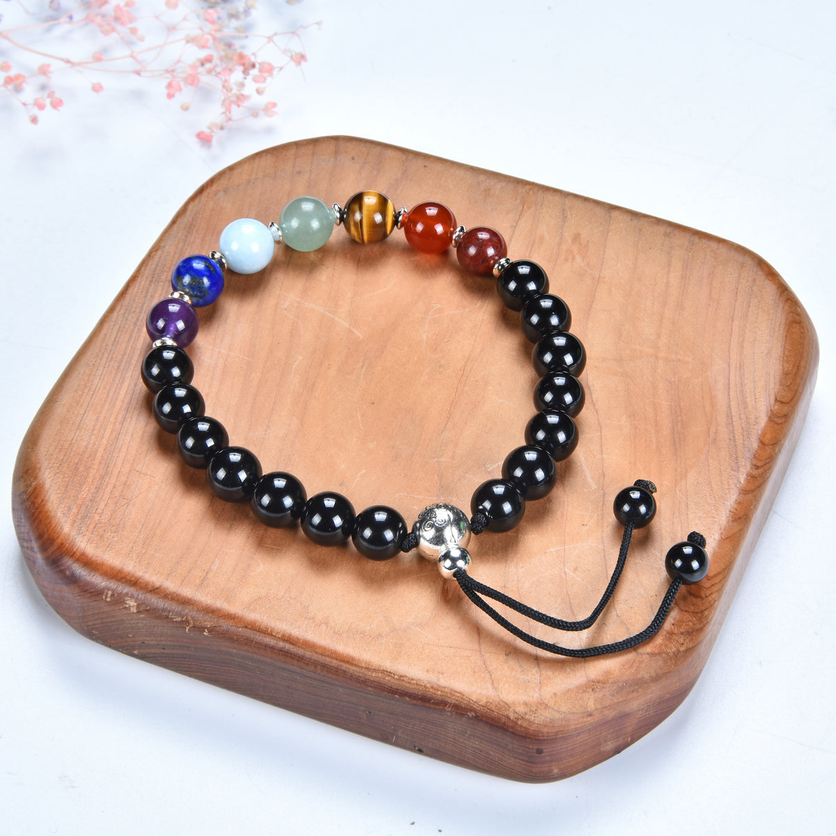 Cherry Tree Collection | Mala Bracelet | 8mm Beads, Guru Bead, Durable Nylon Cord | Adjustable Length (Chakra - Black Tourmaline )
