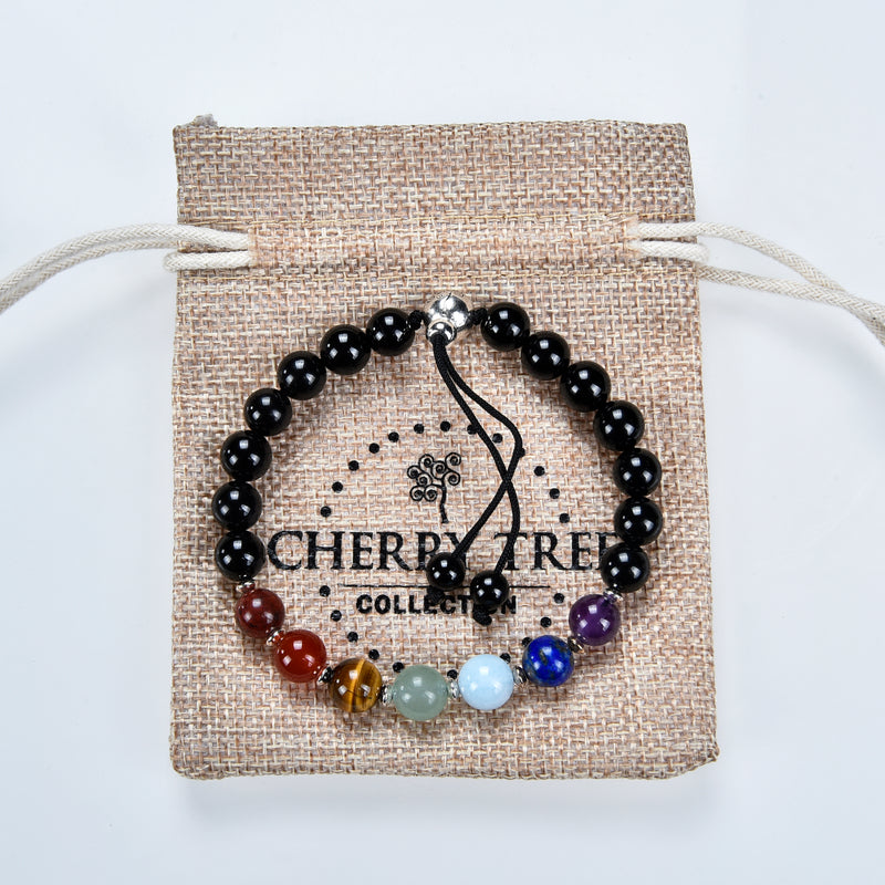 Mala Bracelet | 8mm Beads, Guru Bead, Durable Nylon Cord | Adjustable Length (Chakra - Black Tourmaline )