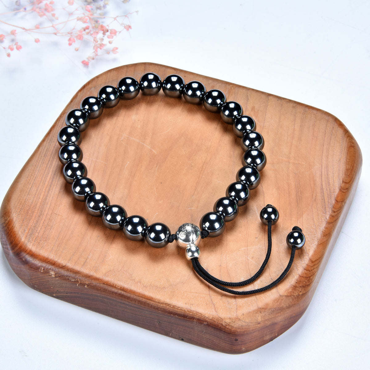 Cherry Tree Collection | Mala Bracelet | 8mm Beads, Guru Bead, Durable Nylon Cord | Adjustable Length (Hematite )