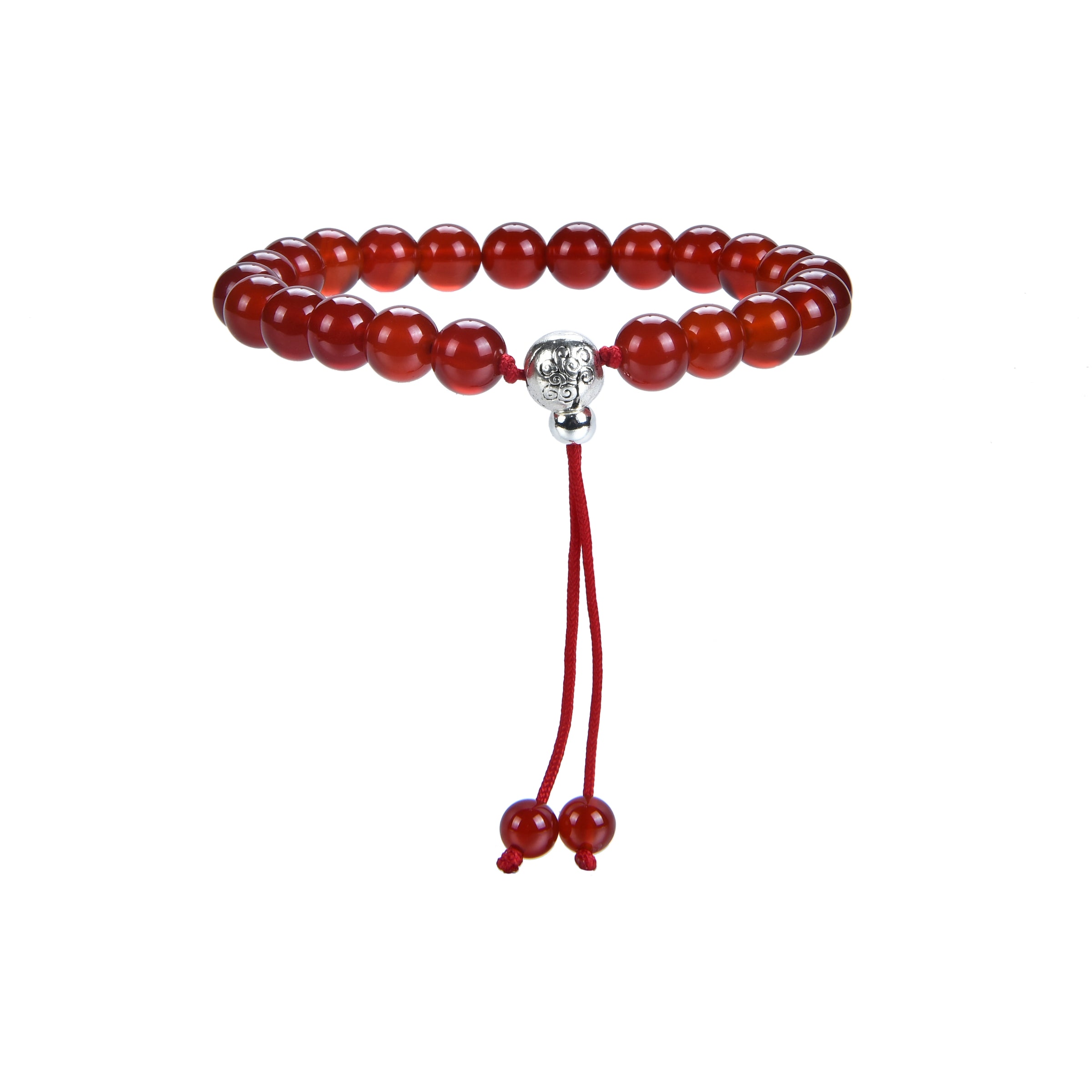 Mala Bracelet | 8mm Beads, Guru Bead, Durable Nylon Cord | Adjustable Length (Deep Orange - Red Agate )
