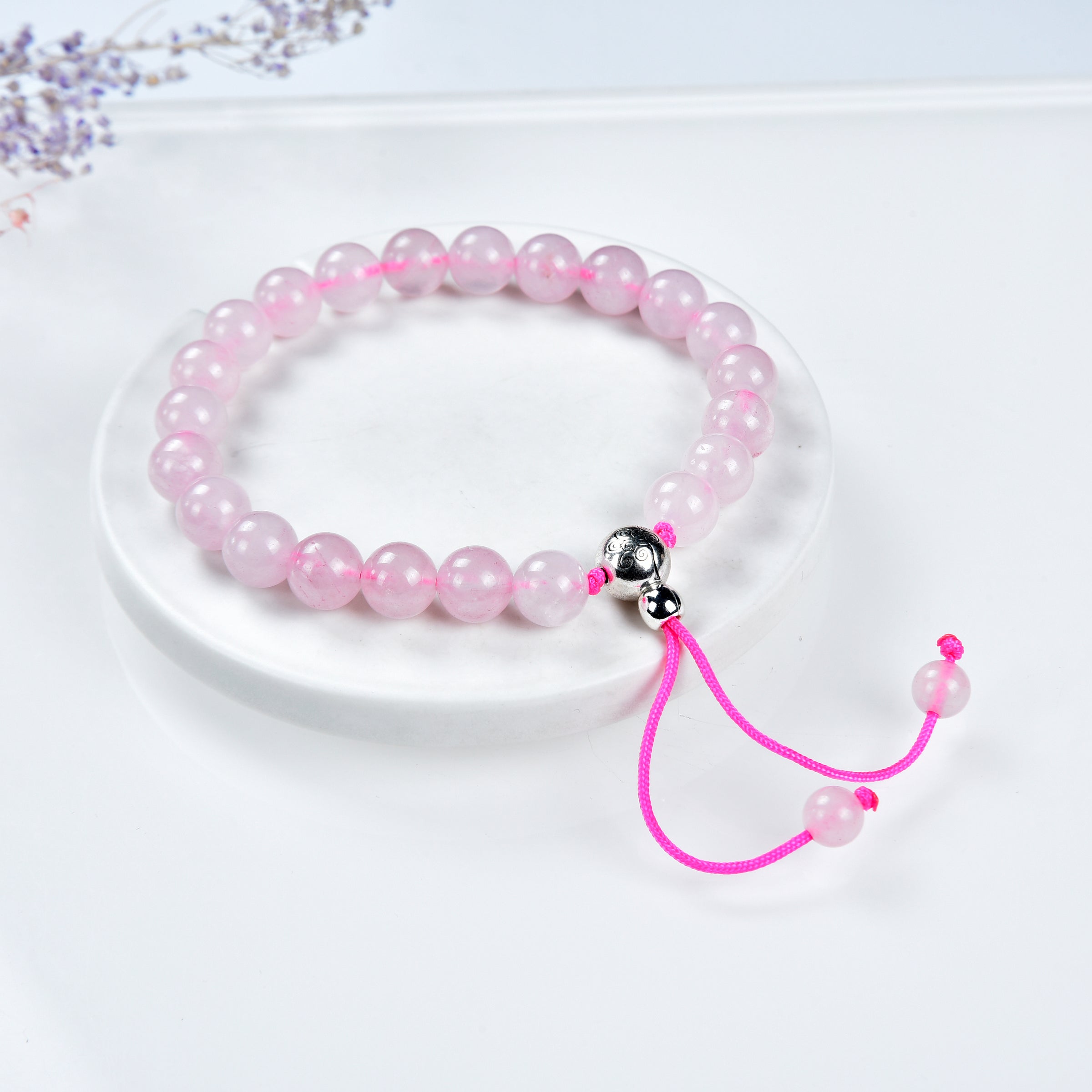 Mala Bracelet | 8mm Beads, Guru Bead, Durable Nylon Cord | Adjustable Length (Rose Quartz )