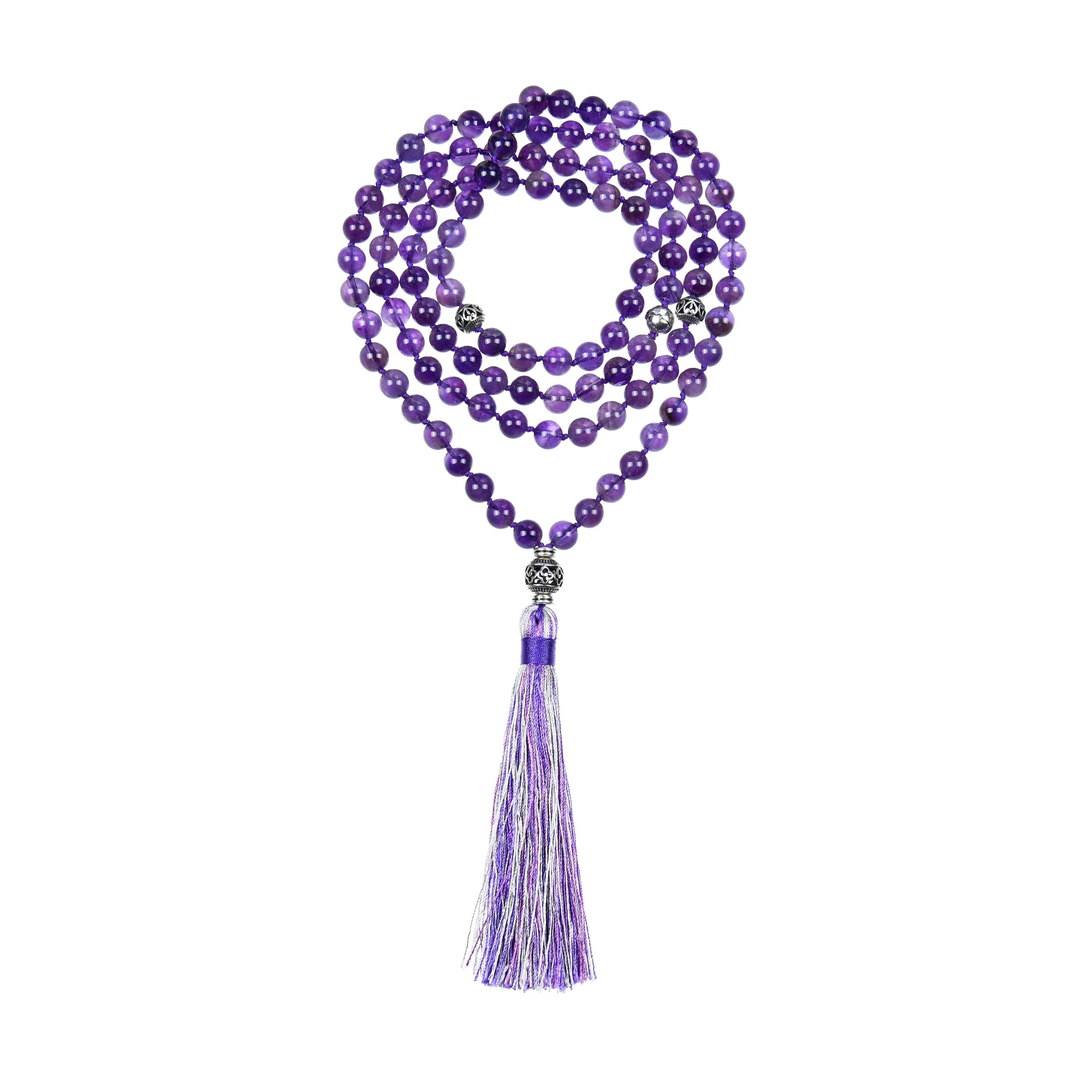 Mala Necklace | 108 Hand-Knotted 8mm Round Beads (Amethyst)