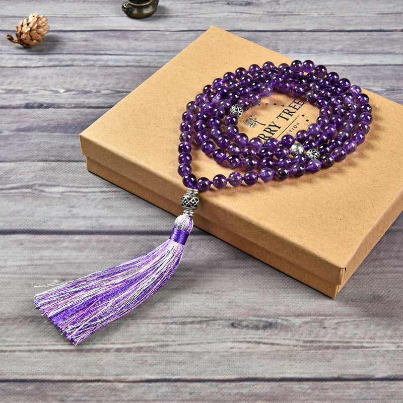 Mala Necklace | 108 Hand-Knotted 8mm Round Beads (Amethyst)