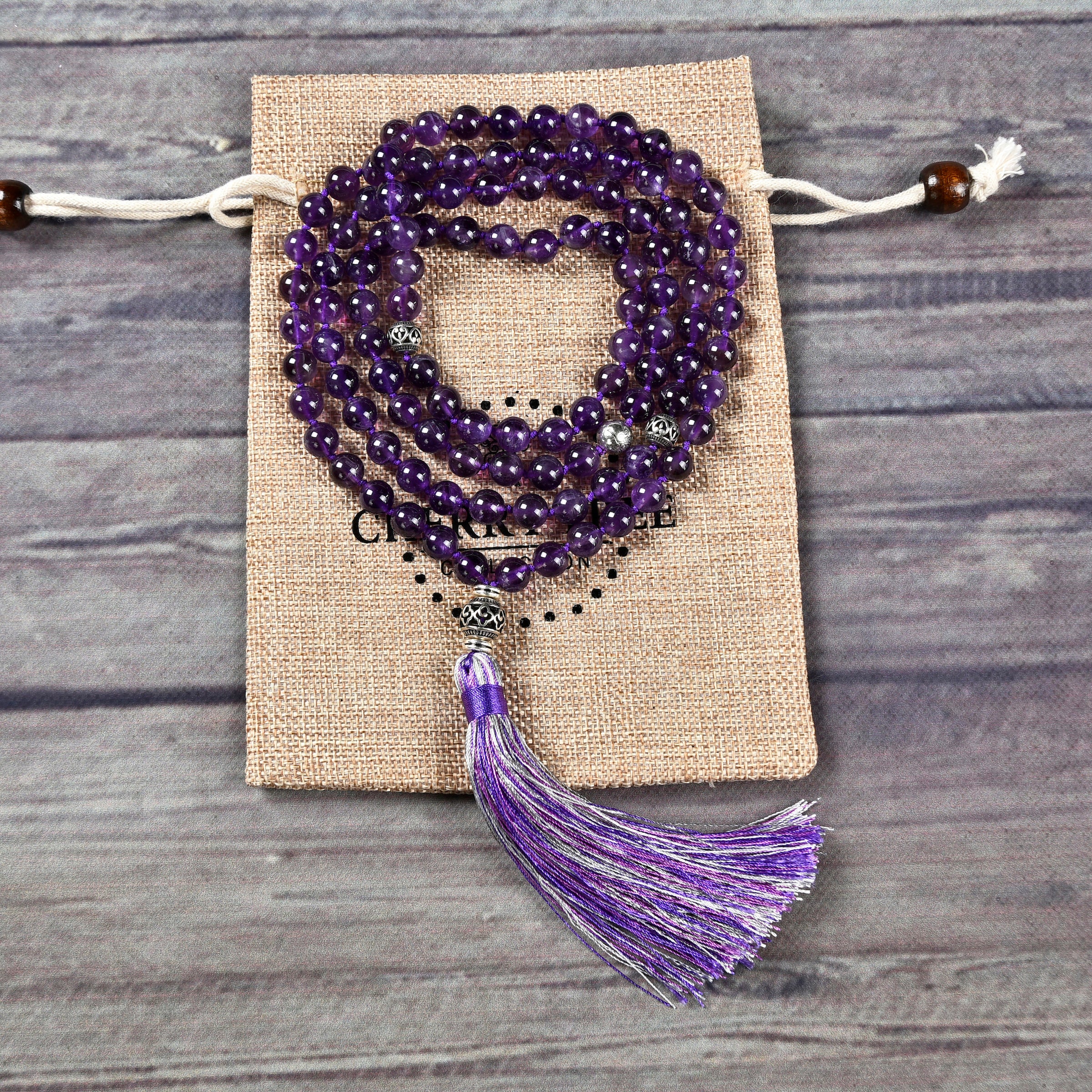 Mala Necklace | 108 Hand-Knotted 8mm Round Beads (Amethyst)