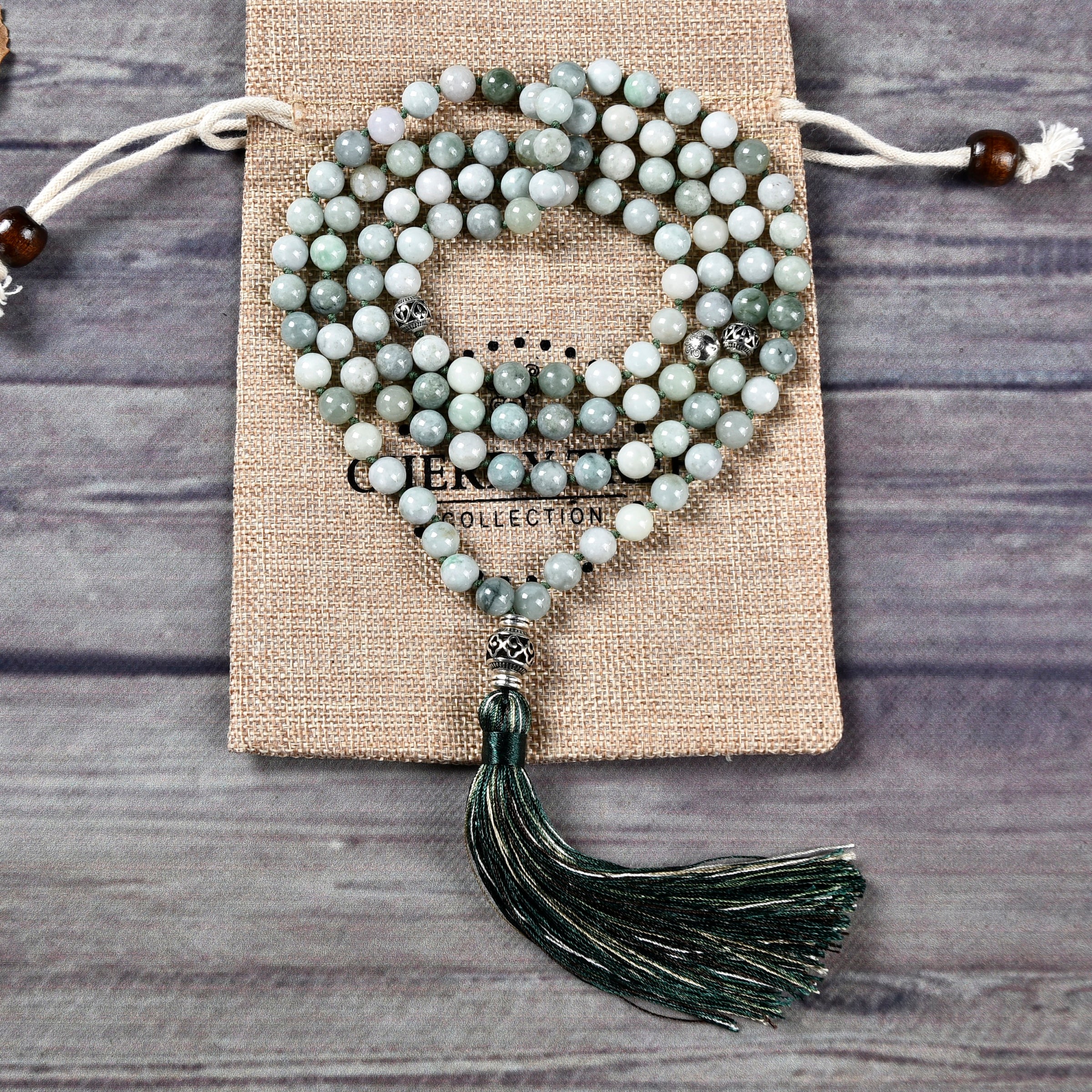 Cherry Tree Collection | Mala Necklace | 108 Hand-Knotted 8mm Round Beads (Burma Jade)