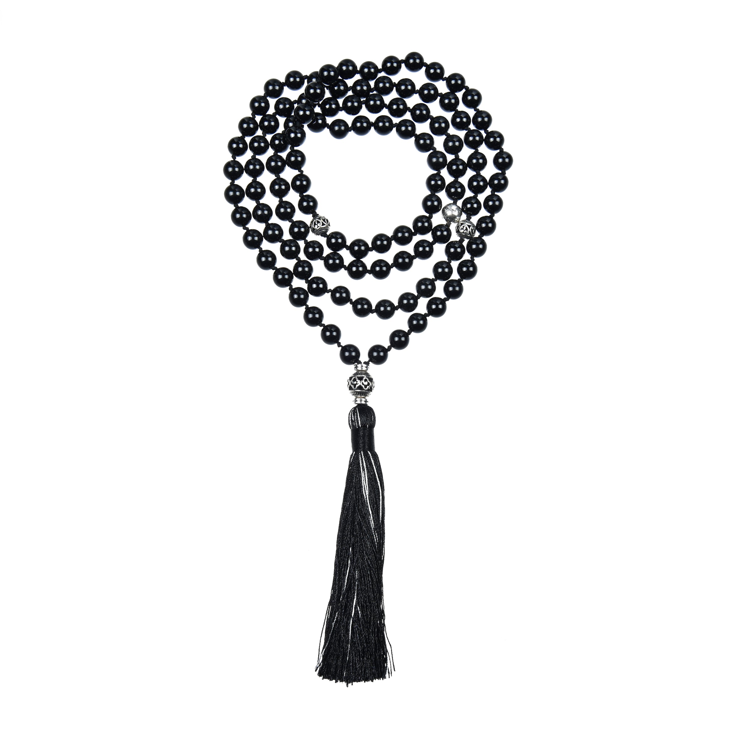 Mala Necklace | 108 Hand-Knotted 8mm Round Beads (Black Agate)