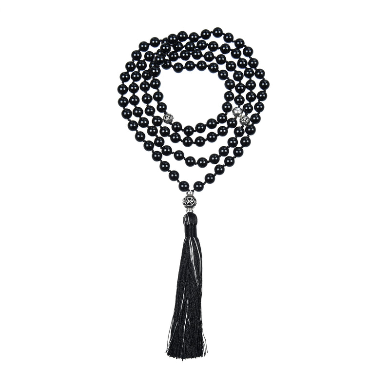 Mala Necklace | 108 Hand-Knotted 8mm Round Beads (Black Agate)