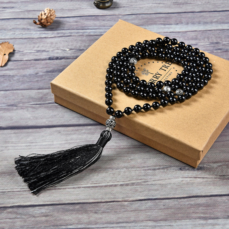 Mala Necklace | 108 Hand-Knotted 8mm Round Beads (Black Agate)