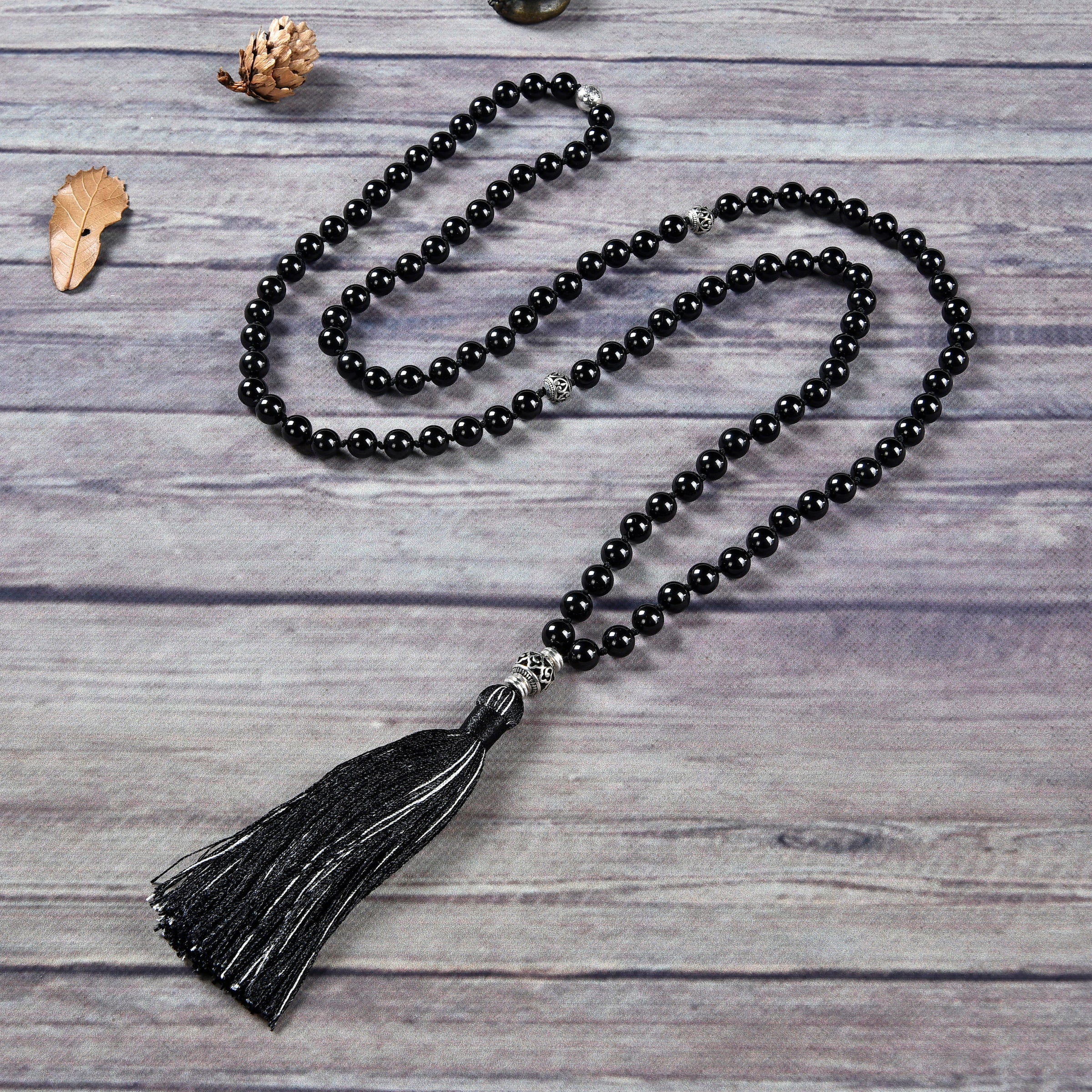 Mala Necklace | 108 Hand-Knotted 8mm Round Beads (Black Agate)