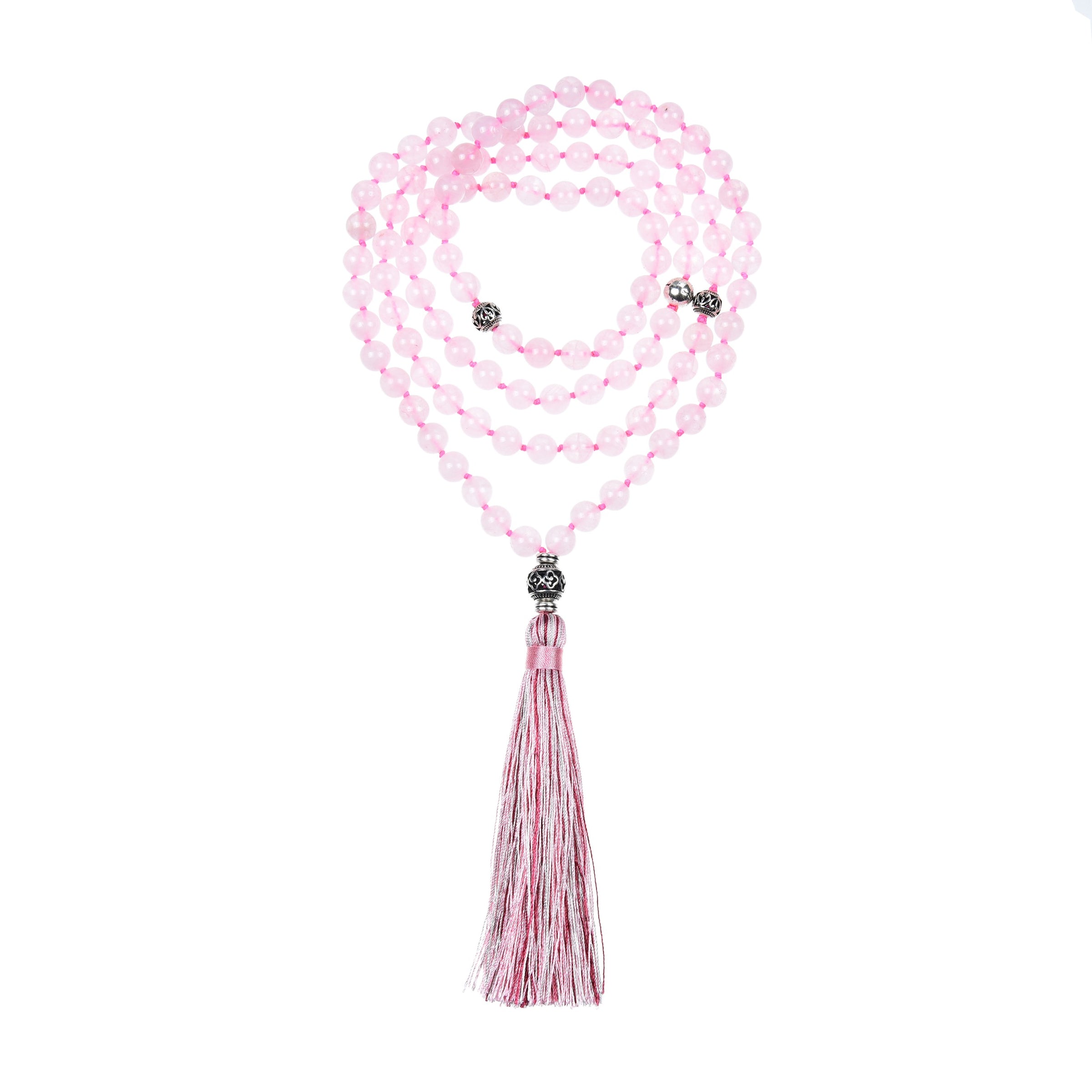 Mala Necklace  108 Hand-Knotted 8mm Round Beads (Rose Quartz) – Cherry  Tree Collection