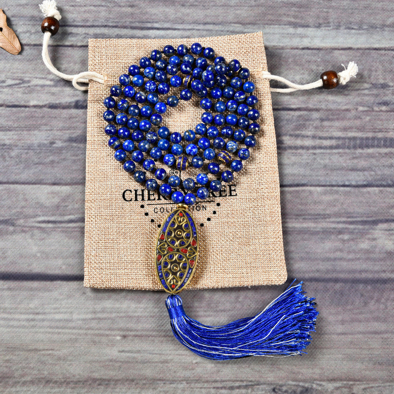Mala Necklace | 108 Hand-Knotted 8mm Round Beads (Tibetan Lapis)