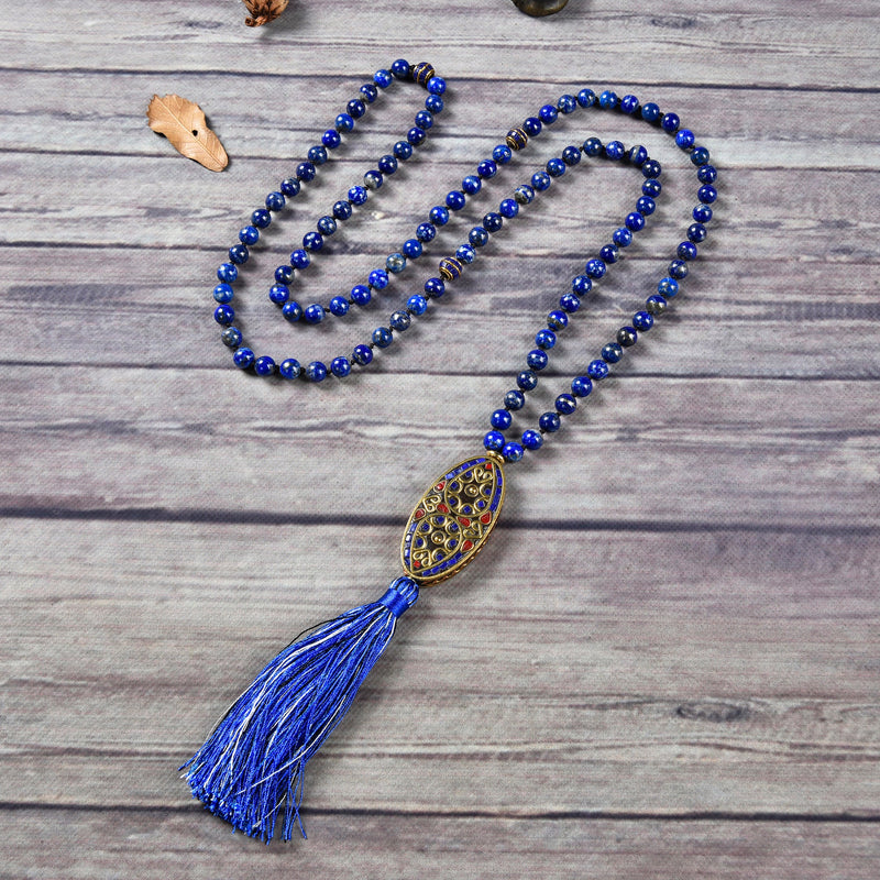 Mala Necklace | 108 Hand-Knotted 8mm Round Beads (Tibetan Lapis)