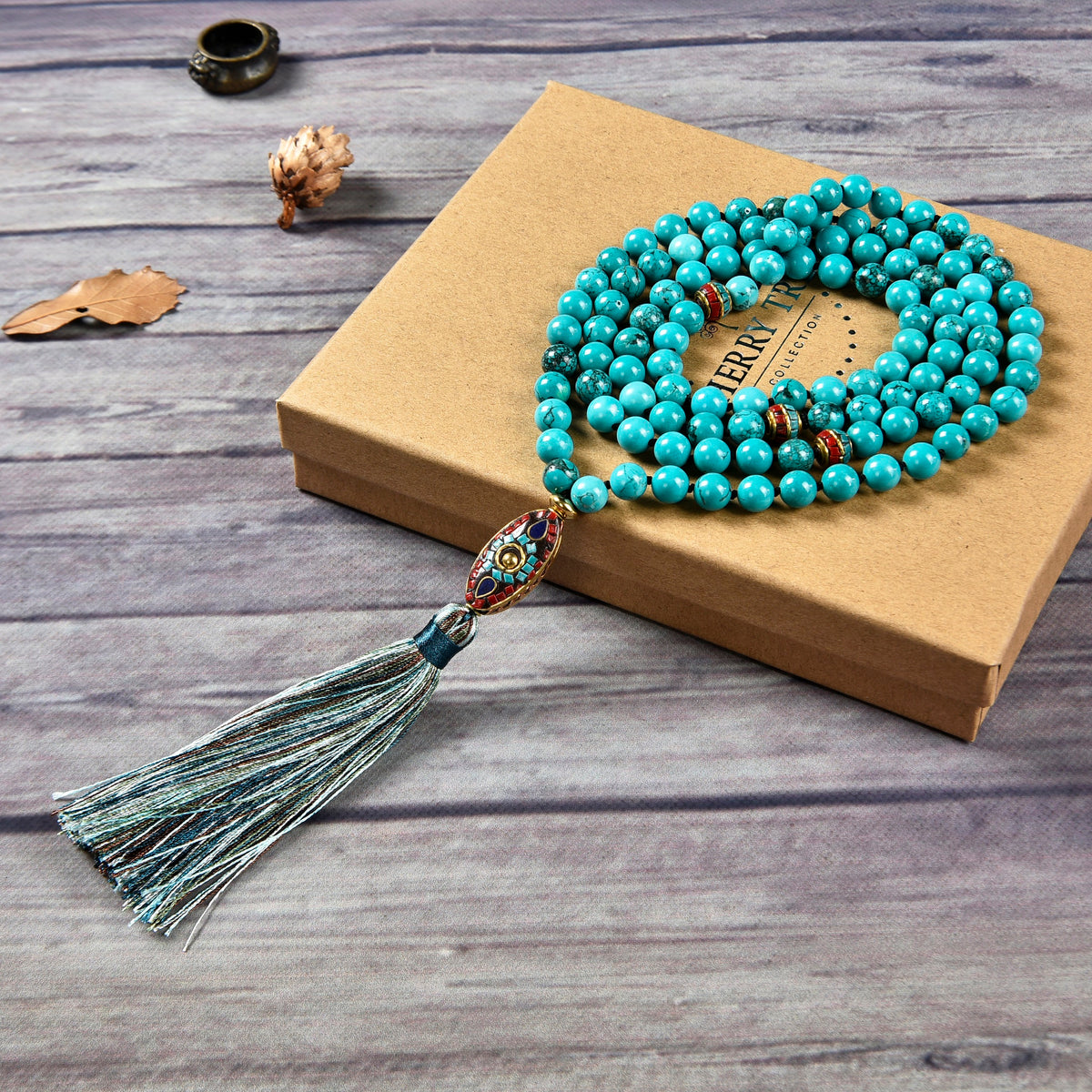 Mala Necklace | 108 Hand-Knotted 8mm Round Beads (Tibetan Turquoise Howlite)