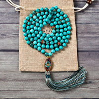 Mala Necklace | 108 Hand-Knotted 8mm Round Beads (Tibetan Turquoise Howlite)