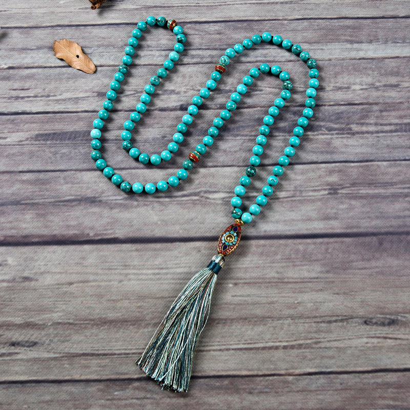 Mala Necklace | 108 Hand-Knotted 8mm Round Beads (Tibetan Turquoise Howlite)