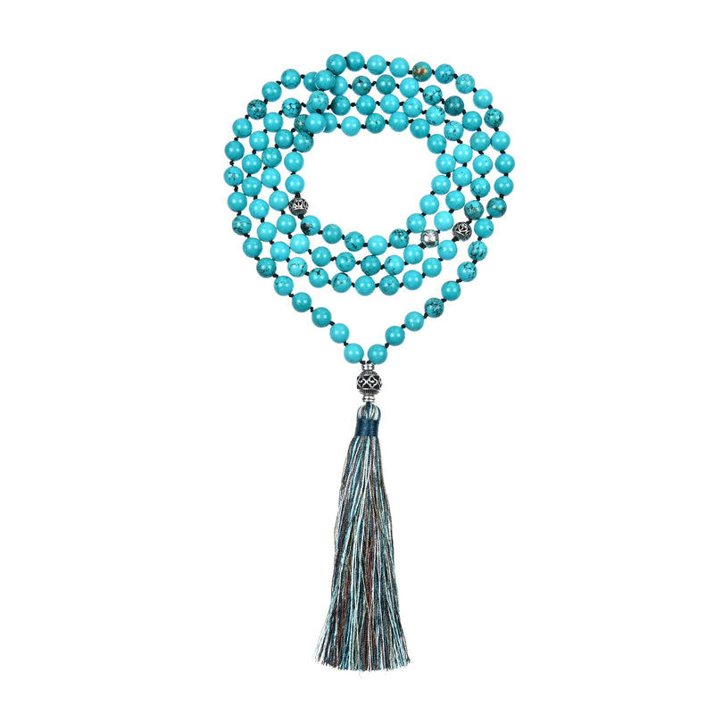 Mala Necklace | 108 Hand-Knotted 8mm Round Beads (Turquoise Howlite)