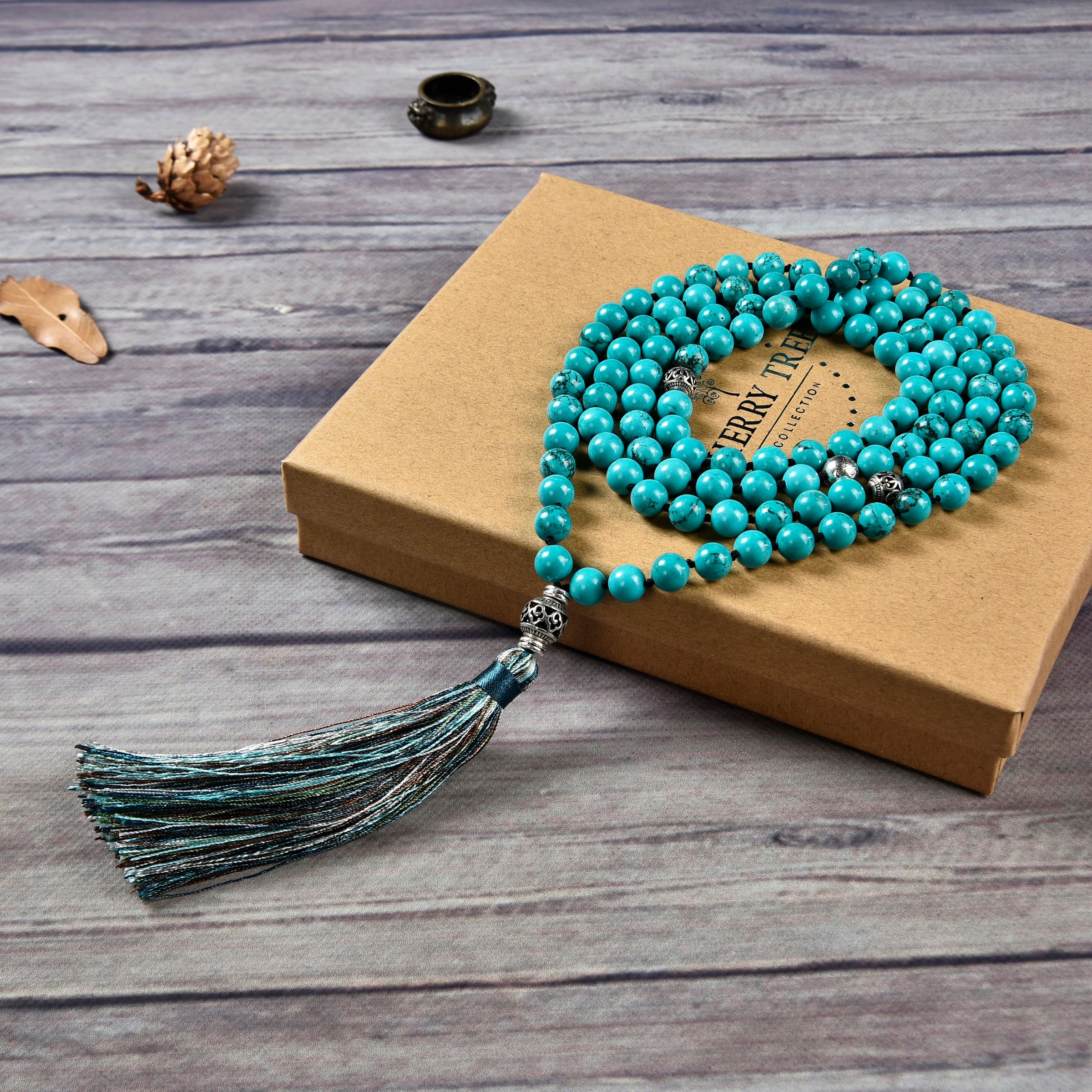 Mala Necklace | 108 Hand-Knotted 8mm Round Beads (Turquoise Howlite)