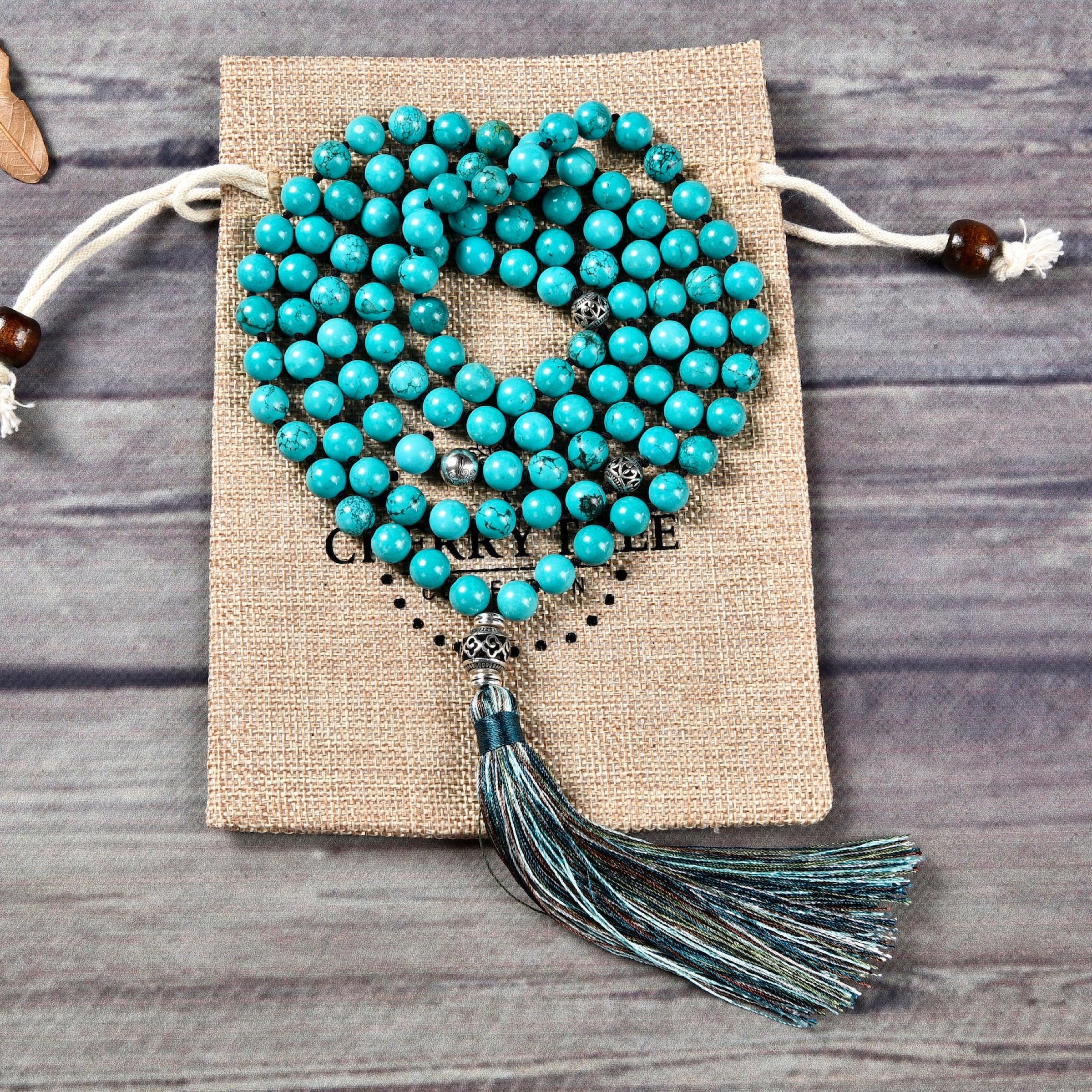 Mala Necklace | 108 Hand-Knotted 8mm Round Beads (Turquoise Howlite)