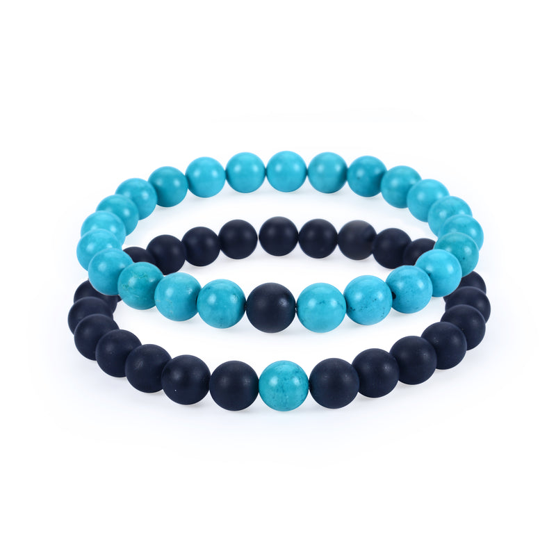 Couples Distance Stretch Bracelets | 8mm Beads (Matte Black Agate and Turquoise Howlite)