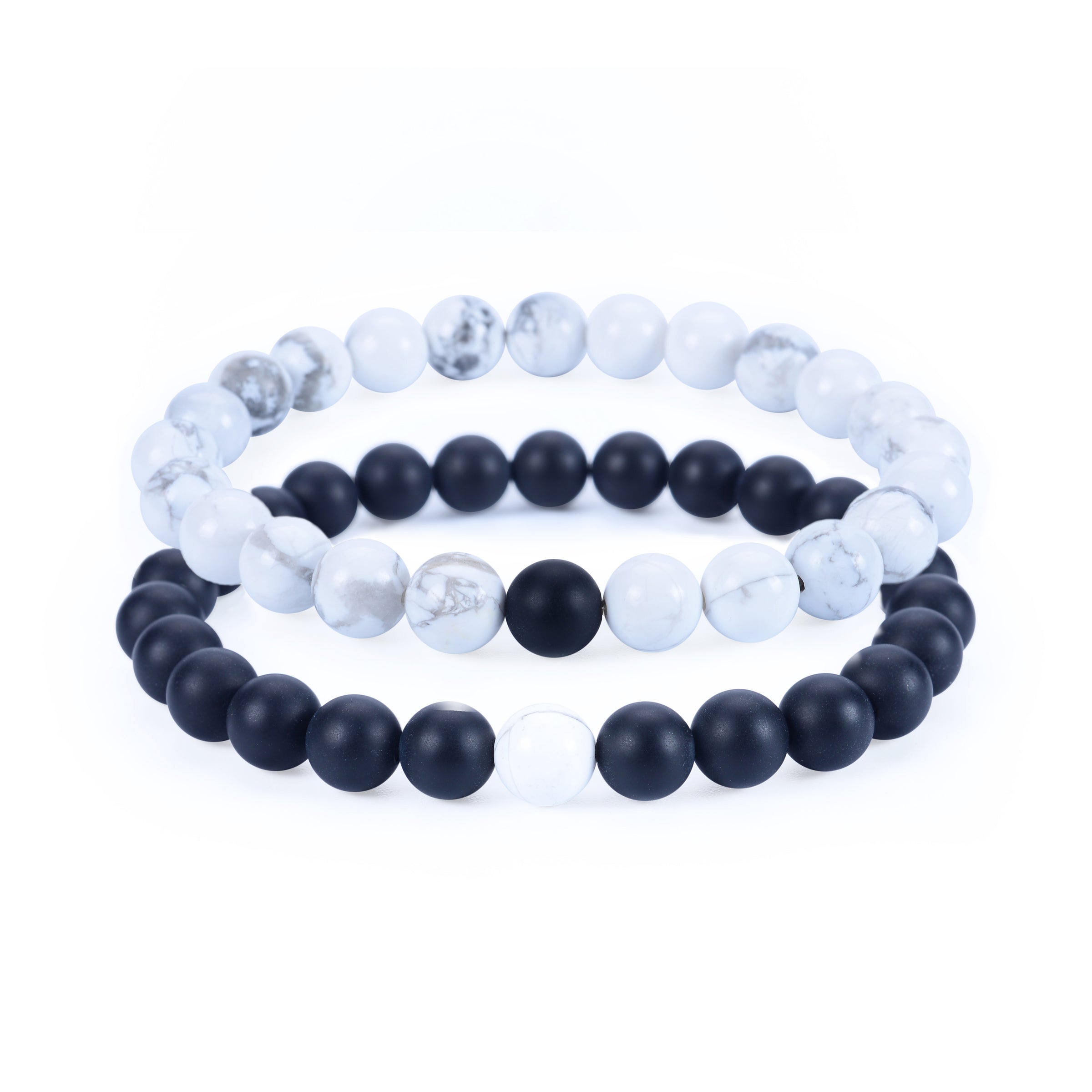 Couples Distance Stretch Bracelets | 8mm Beads (Matte Black Agate and White Howlite)