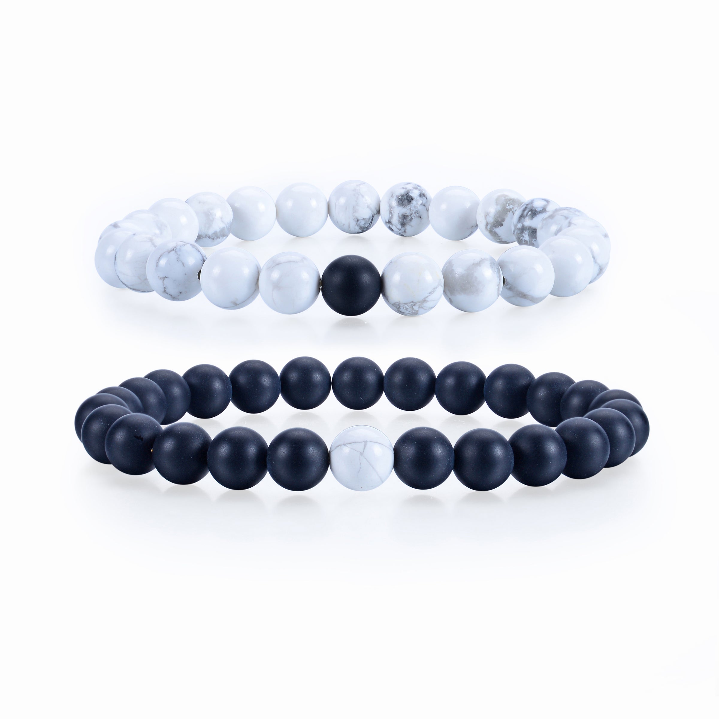 Couples Distance Stretch Bracelets | 8mm Beads (Matte Black Agate and White Howlite)