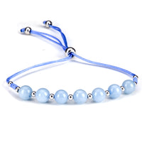 Gemstone Bracelet | Adjustable Size Nylon Cord | 6mm Beads with sterling silver Spacers (Aquamarine)