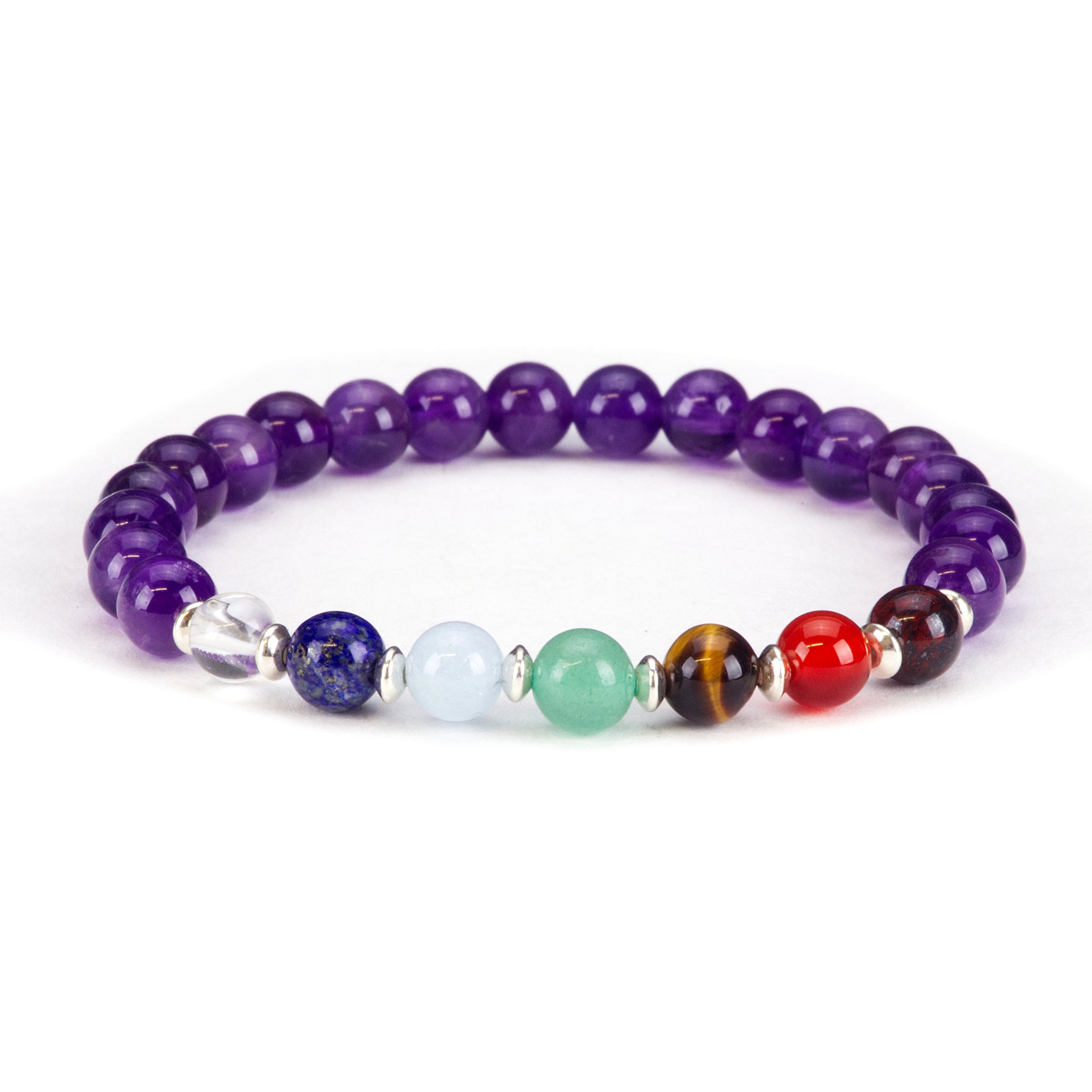 Chakra Stretch Bracelet | 6mm Beads, Sterling Silver Spacers | Men/Women (Amethyst) Small