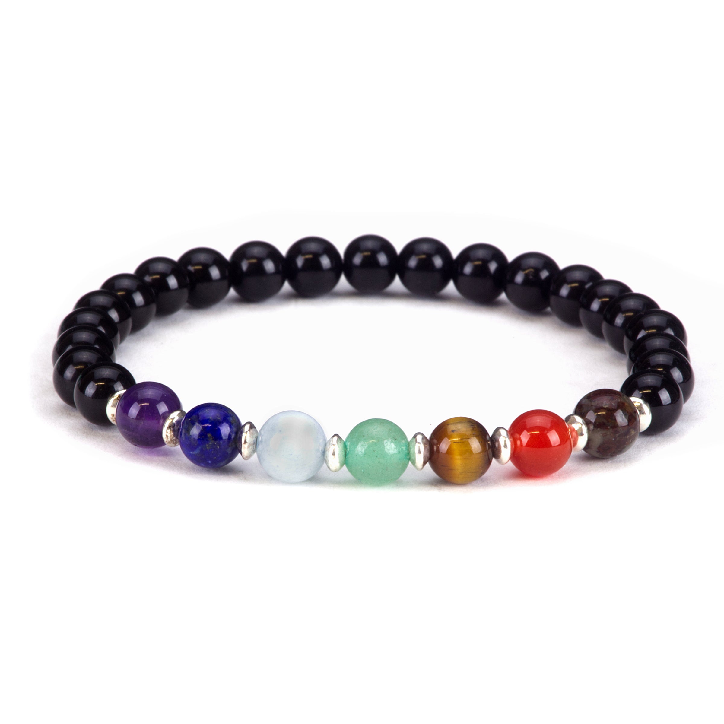 Chakra Stretch Bracelet | 6mm Beads, Sterling Silver Spacers | Men/Women (Black Tourmaline) Medium