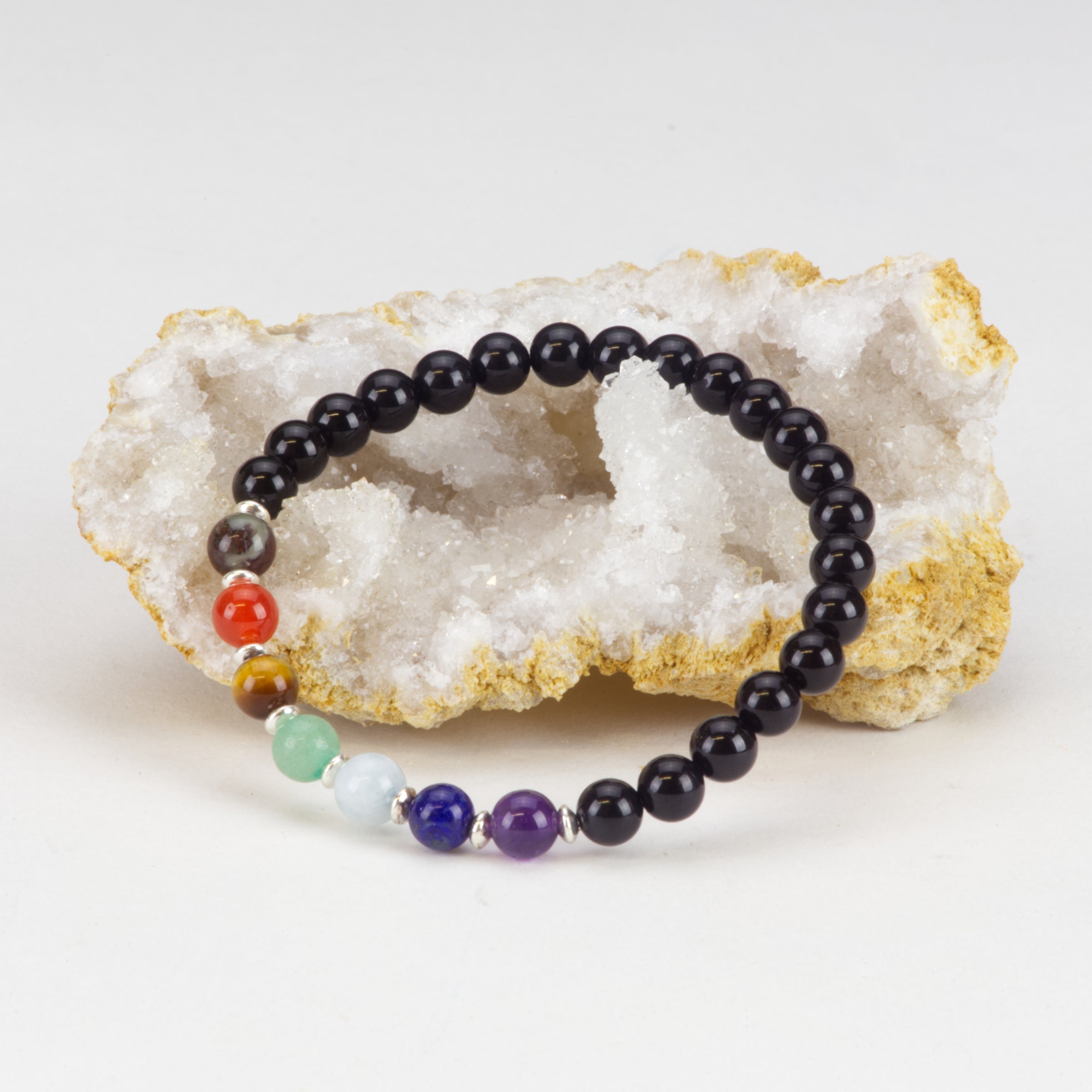 Cherry Tree Collection | Chakra Stretch Bracelet | 6mm Beads, Sterling Silver Spacers | Men/Women (Black Tourmaline)