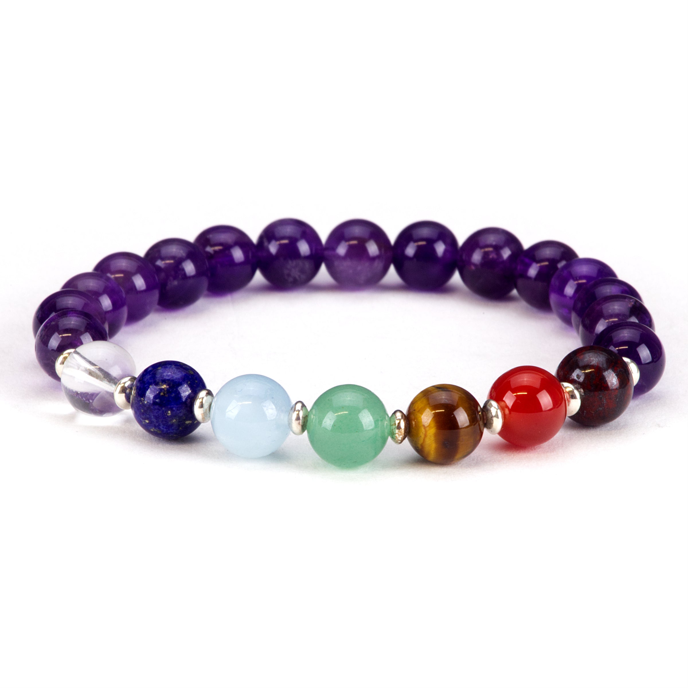 Chakra Stretch Bracelet | 8mm Beads with Sterling Silver Spacers (Amethyst) Medium