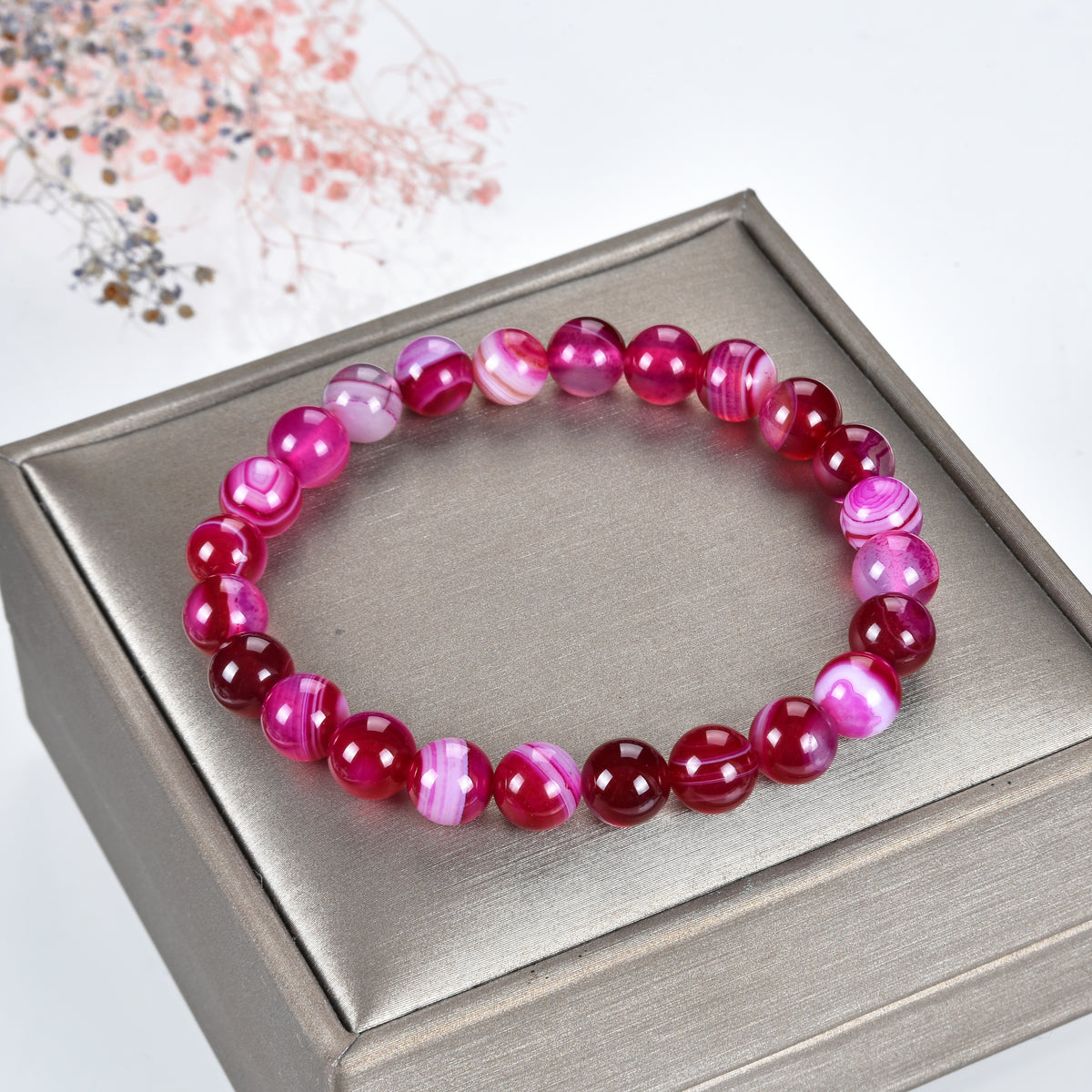 Stretch Bracelet | 8mm Beads (Lace Agate -Fuchsia/Pink)