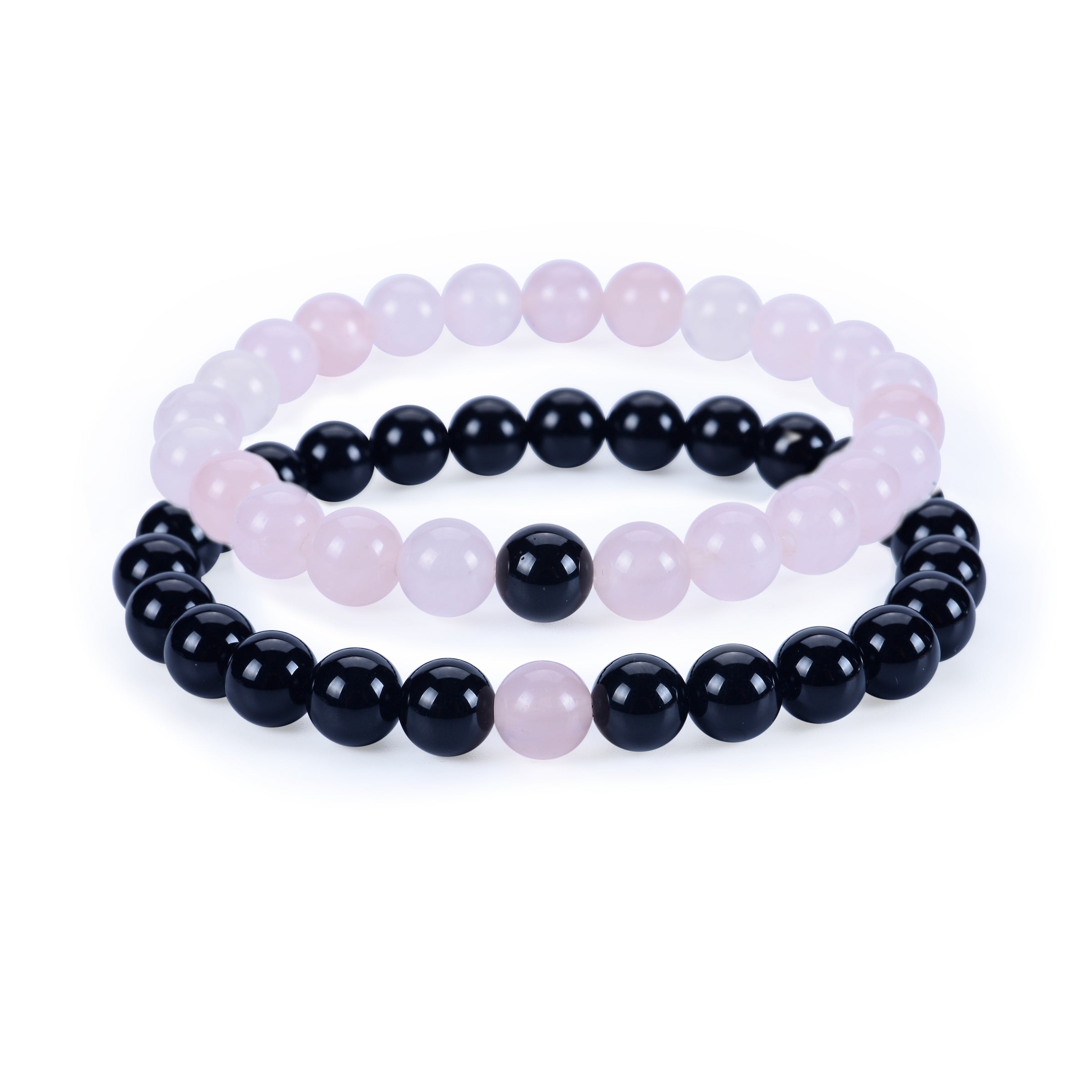 Cherry Tree Collection | Couples Distance Stretch Bracelets | 8mm Beads (Black Agate and Rose Quartz)