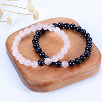 Cherry Tree Collection | Couples Distance Stretch Bracelets | 8mm Beads (Black Agate and Rose Quartz)