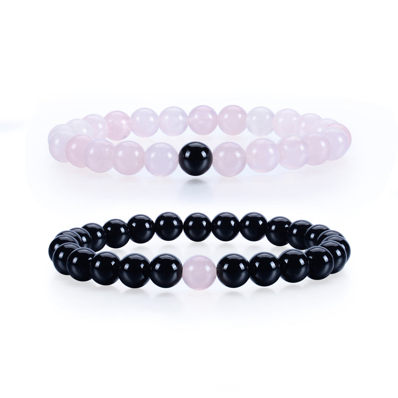 Couples Distance Stretch Bracelets | 8mm Beads (Black Agate and Rose Quartz)