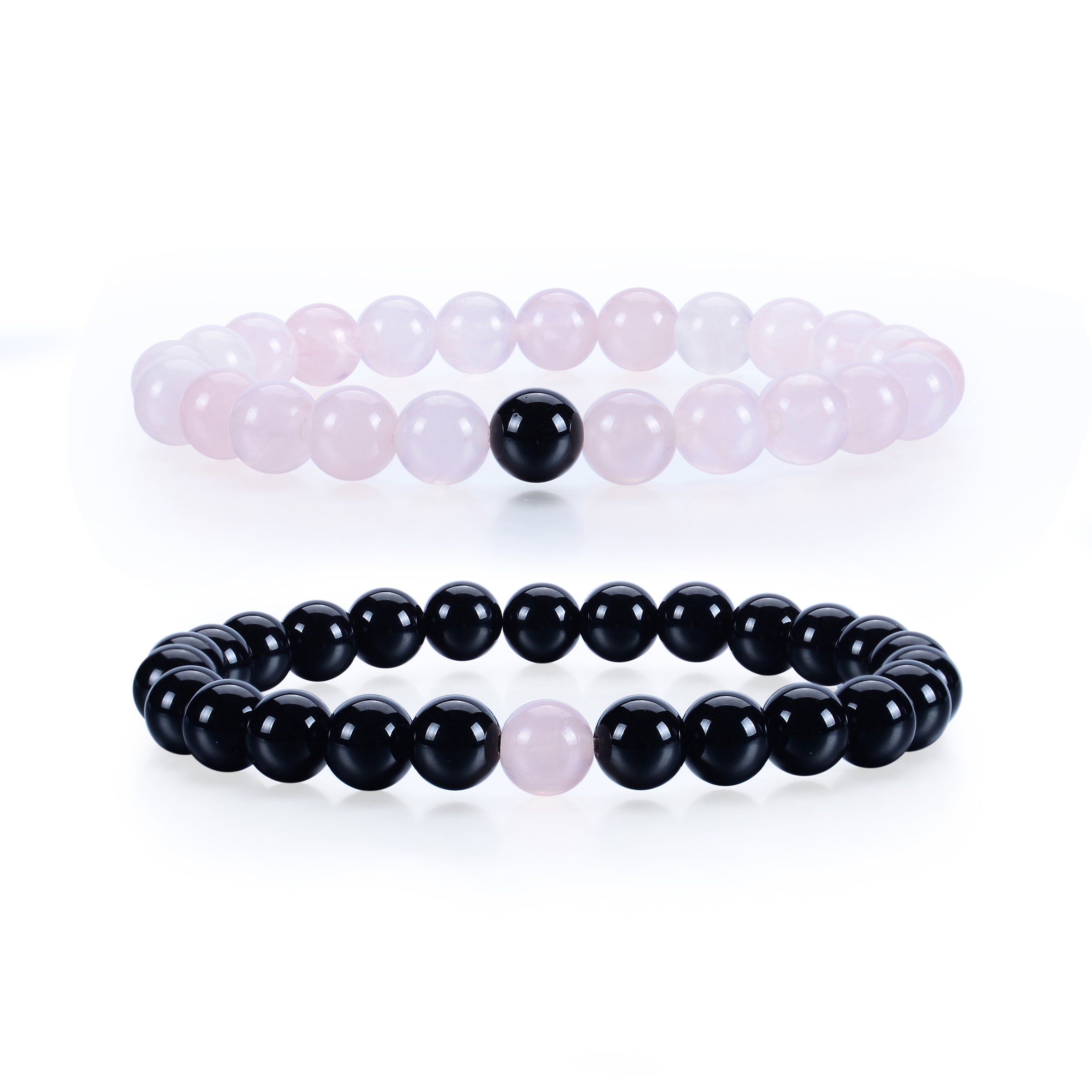 Cherry Tree Collection | Couples Distance Stretch Bracelets | 8mm Beads (Black Agate and Rose Quartz)