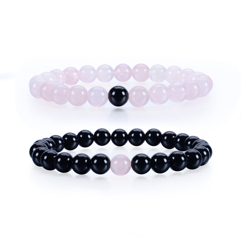Cherry Tree Collection | Couples Distance Stretch Bracelets | 8mm Beads (Black Agate and Rose Quartz)