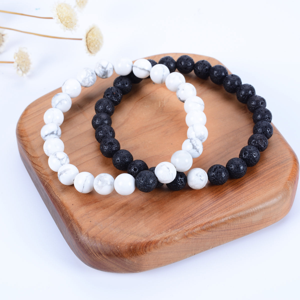 Couples Distance Stretch Bracelets | 8mm Beads (Lava and White Howlite)